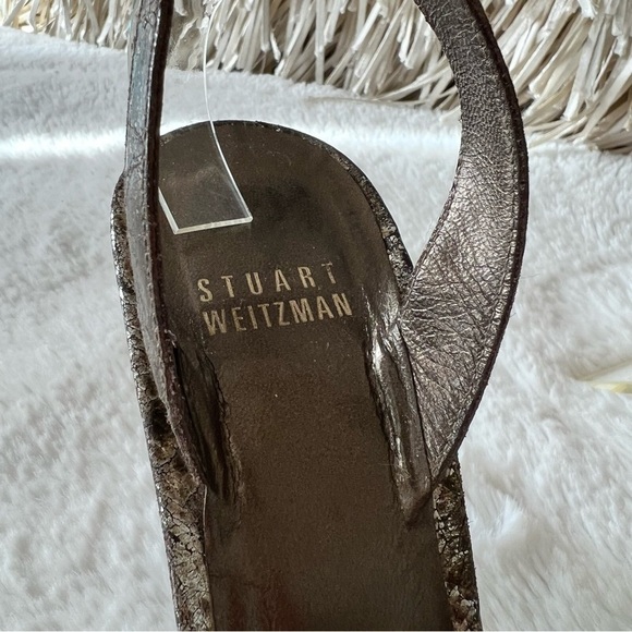 STIART WEITZMAN 6.5 Leather Distressed Peep Toe Gold Brown Heels Buckle - Picture 10 of 11
